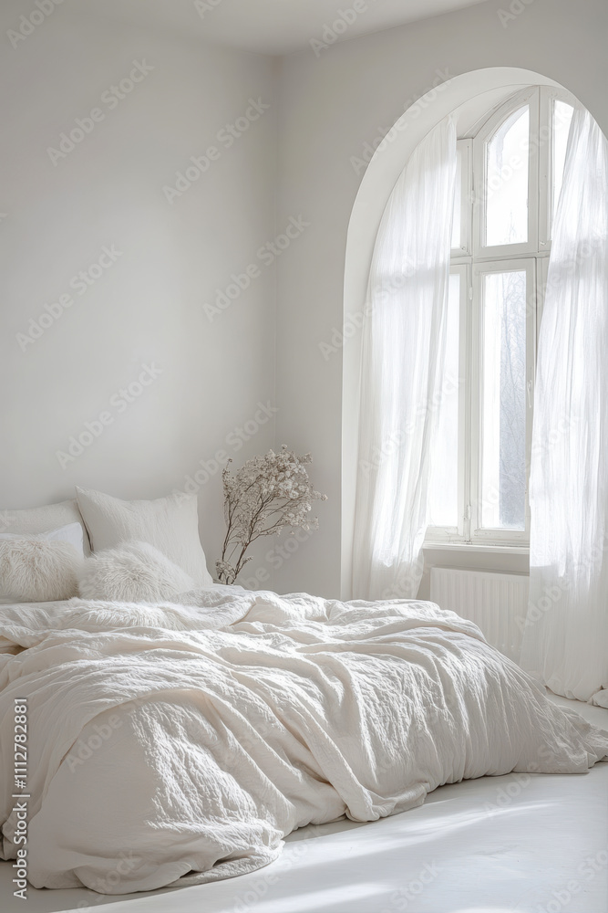 Tranquil white bedroom exuding calmness with natural light and soft textures creating a serene atmosphere for relaxation Tranquil white bedroom exuding calmness with natural light and soft textures creating a serene atmosphere for relaxation
