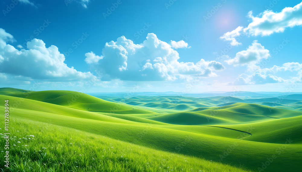 Green Hills with Blue Sky and White Clouds, Peaceful Nature Landscape of Rolling Meadows Green Hills with Blue Sky and White Clouds, Peaceful Nature Landscape of Rolling Meadows