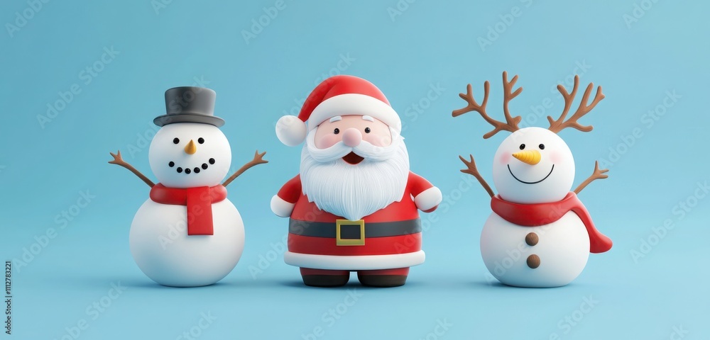 A festive 3D render of Santa Claus, a snowman, and a reindeer, with cartoon faces on a blue background. A festive 3D render of Santa Claus, a snowman, and a reindeer, with cartoon faces on a blue background.