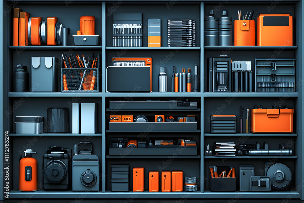 Fototapeta premium Organized dark gray shelves filled with art and office supplies in orange and gray containers.