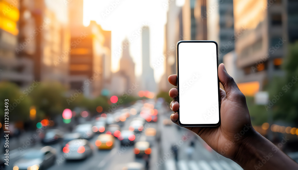 Hand Holding Smartphone with Blank Screen Mockup in Vibrant Urban Backgrounds Hand Holding Smartphone with Blank Screen Mockup in Vibrant Urban Backgrounds
