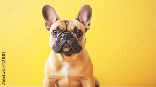 French bulldog sitting against a bright yellow background, looking directly at the camera with an alert expression, showcasing its unique facial features and large ears