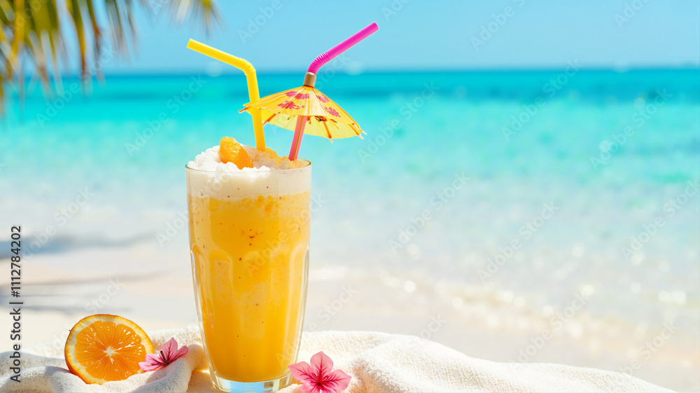 Tropical orange cocktail with a pineapple garnish on a sandy beach Tropical orange cocktail with a pineapple garnish on a sandy beach