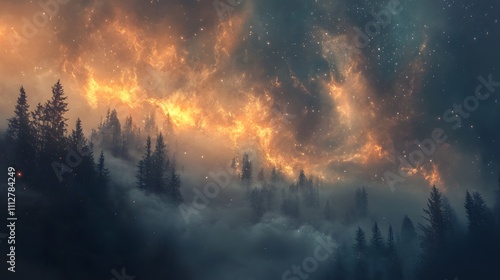 Fiery nebula over a misty forest at night.