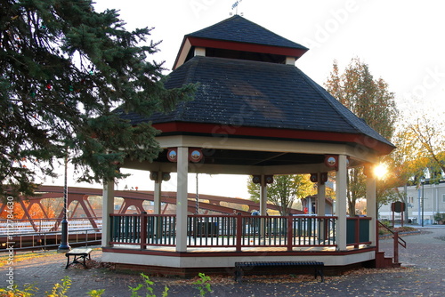 Gazebo At Sunrise With Fall Colors In A Scenic Village