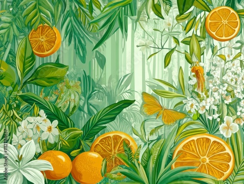 Tropical Citrus Garden: A Lush Botanical Paradise, Vivid Fruit and Flower Still Life photo