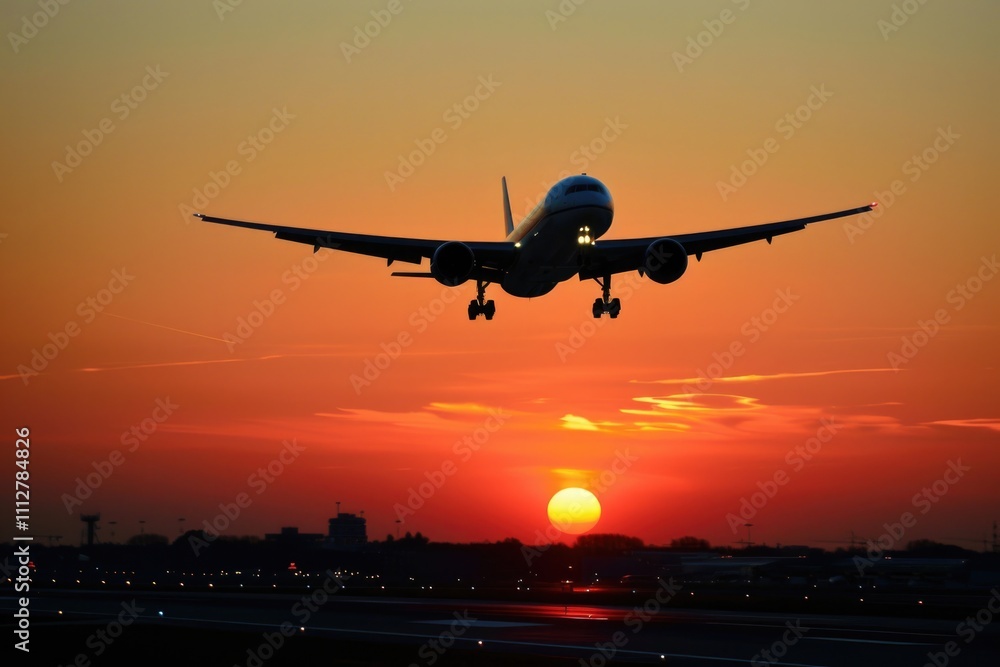 Airplane At Sunset. Stunning View of Aircraft Flying in the Sky at Sunrise Airplane At Sunset. Stunning View of Aircraft Flying in the Sky at Sunrise