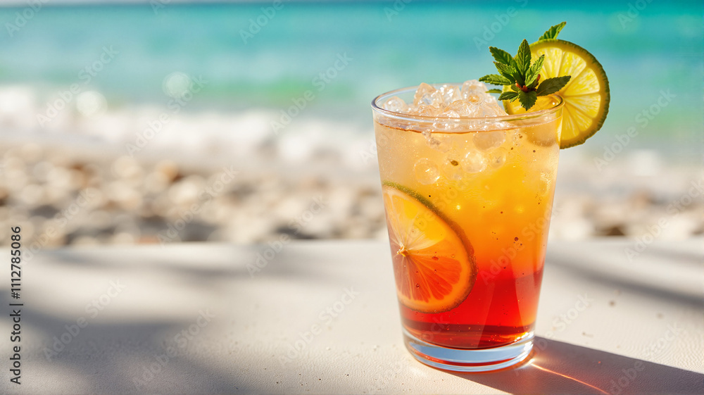 Orange and red cocktail with lime garnish on a sandy beach Orange and red cocktail with lime garnish on a sandy beach