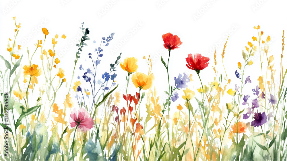 Vibrant wildflowers dance in a sunlit summer field with watercolor splashes of color Vibrant wildflowers dance in a sunlit summer field with watercolor splashes of color