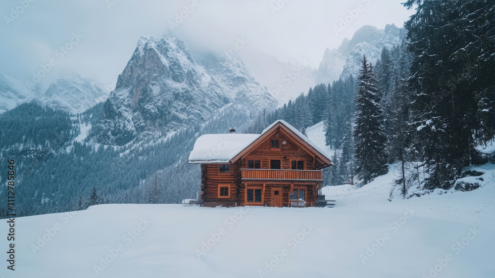 Charming winter ski chalet nestled in the serene snow-covered mountains Charming winter ski chalet nestled in the serene snow-covered mountains