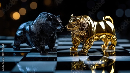 On a chessboard, the confrontation between a gold bull and a black bear embodies the competitive nature of financial markets. photo