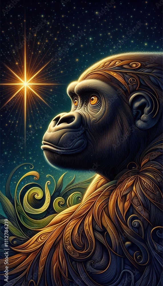 Dreamy Gorilla Under the Evening Star in an Enchanted Jungle Dreamy Gorilla Under the Evening Star in an Enchanted Jungle