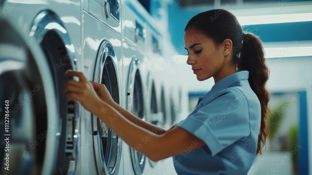 Woman doing laundry in a modern laundromat. Woman doing laundry in a modern laundromat.