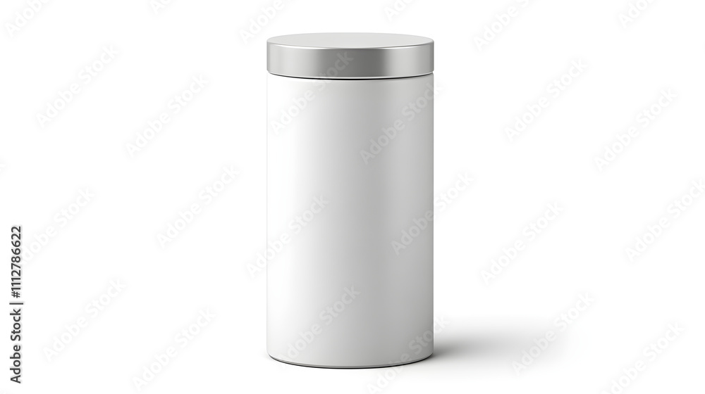 Elegant Matte White Metal Tea Canister on a Minimalist White Background Elegant Matte White Metal Tea Canister on a Minimalist White Background