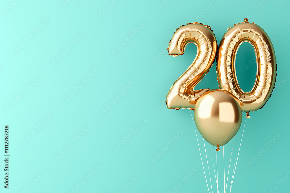 Shiny metallic gold foil balloons form the number 20, creating a festive and celebratory atmosphere for a milestone birthday or anniversary celebration Shiny metallic gold foil balloons form the number 20, creating a festive and celebratory atmosphere for a milestone birthday or anniversary celebration