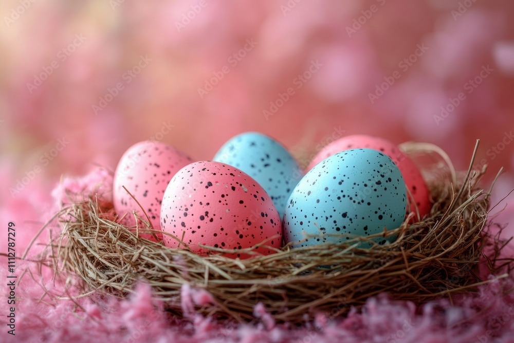 A cozy nest filled with colorful Easter eggs on a soft pink background. A vibrant and cheerful holiday design. Banner with space for text A cozy nest filled with colorful Easter eggs on a soft pink background. A vibrant and cheerful holiday design. Banner with space for text