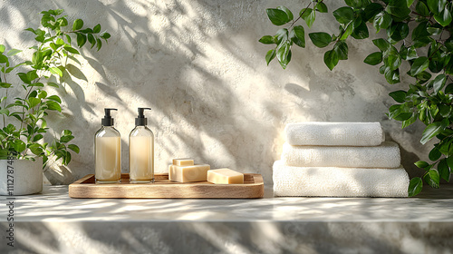 Minimalistic Spa Branding Mockup with Elegant Glass Bottles, Natural Soap Bars, Wooden Trays, Soft White Towels, and Fresh Green Leaves on Light Stone Surface