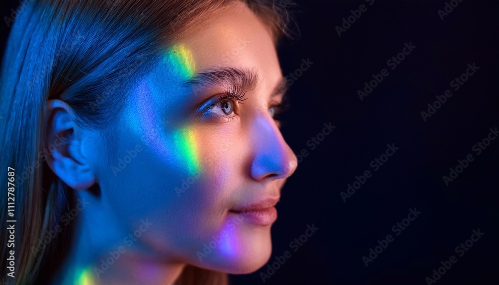 Close up of beautiful young woman with colorful neon lights projected on her face, creating a modern and artistic portrait Close up of beautiful young woman with colorful neon lights projected on her face, creating a modern and artistic portrait