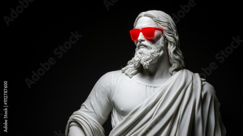 White sculpture of Zeus wearing red sunglasses on an isolated dark background. Concept art, Greek mythology, god statue portrait. Ancient Greek white marble male figure
