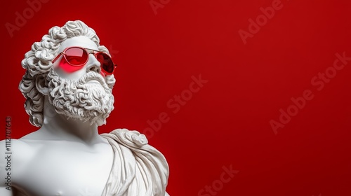 White sculpture of Zeus wearing red sunglasses on an isolated dark background. Concept art, Greek mythology, god statue portrait. Ancient Greek white marble male figure