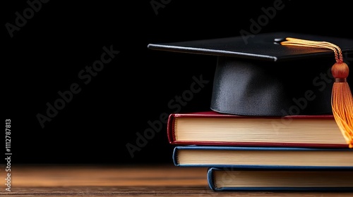 Graduation ceremony cap on books educational setting inspirational content dark background close-up view achievement theme