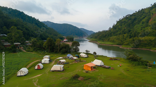 Stunning Aerial View of a Serene Camping Ground in the Morning