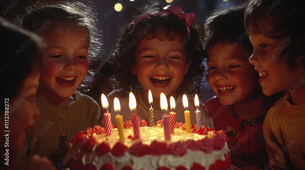 Children Smiling Around Birthday Cake with Candles Children Smiling Around Birthday Cake with Candles