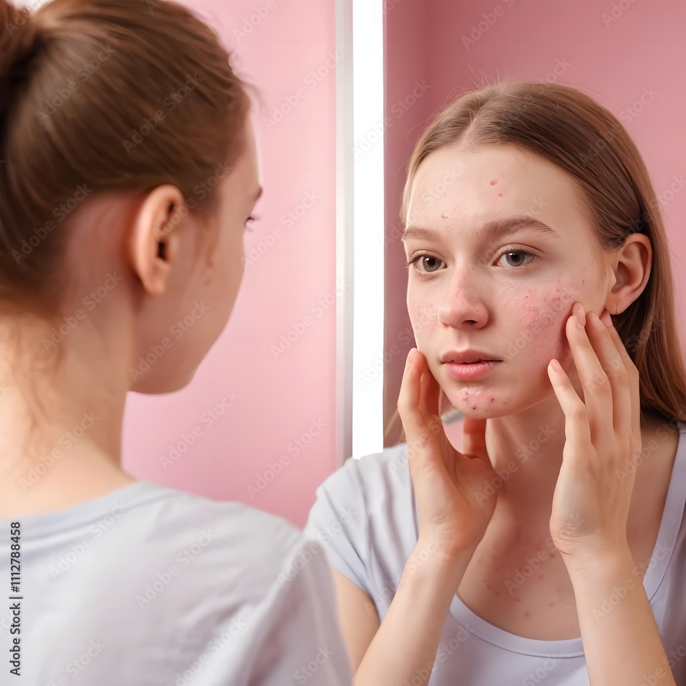 young woman with acne problem looking in mirror on pink young woman with acne problem looking in mirror on pink