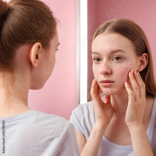 young woman with acne problem looking in mirror on pink