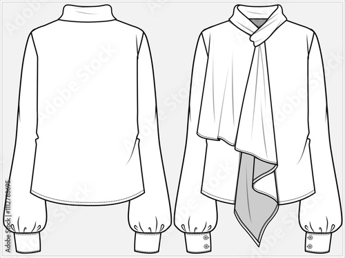 LONG SLEEVES FORMAL CORPORATE WEAR SHIRT WITH ASYMMETRIC TIE UP DETAIL DESIGNED FOR WOMEN IN VECTOR FILE