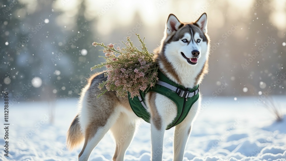Naklejka premium Siberian husky in snowy forest with flowers in backpack