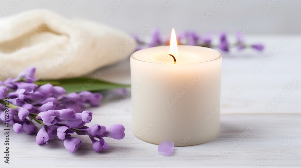 Lit Candle with Purple Flowers and Soft Fabric Lit Candle with Purple Flowers and Soft Fabric