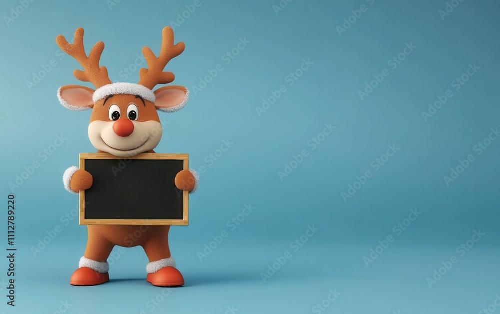 A funny 3D reindeer character in a deer suit, holding a blackboard with a blank surface, set against a blue background. A funny 3D reindeer character in a deer suit, holding a blackboard with a blank surface, set against a blue background.