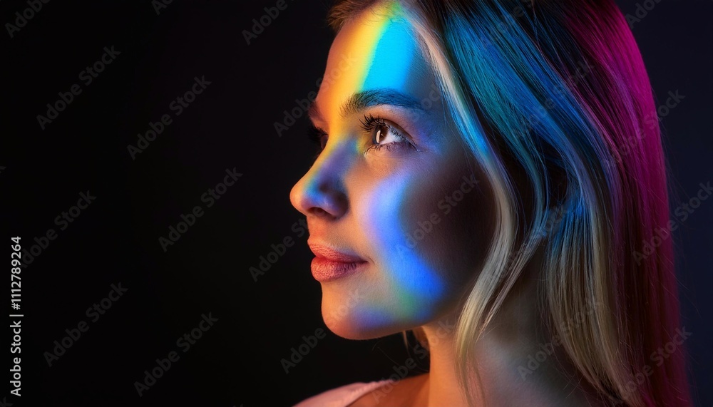 Close up of beautiful young woman with colorful neon lights projected on her face, creating a modern and artistic portrait Close up of beautiful young woman with colorful neon lights projected on her face, creating a modern and artistic portrait
