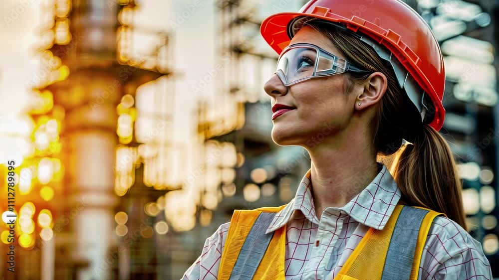 female engineer or architect wearing safety helmet and glasses on construction site background. Professional woman working on industrial job, standing with confidence and expertise.
