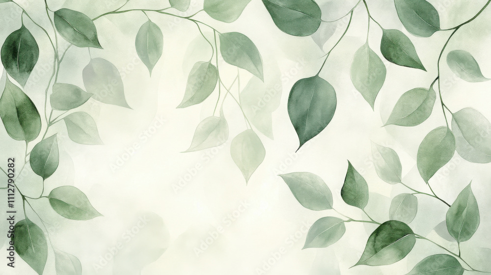 A light watercolor composition of intertwined vines and leaves in muted pastel greens, blending seamlessly A light watercolor composition of intertwined vines and leaves in muted pastel greens, blending seamlessly