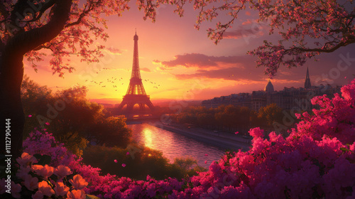 Beautiful Sunset Over the Eiffel Tower Surrounded by Blooming Cherry Blossoms and Scenic River View in the Heart of Paris