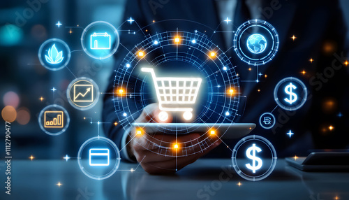 A businessman holding a tablet with glowing orange icons representing e-commerce, including a shopping cart, security, global, payment, and dollar symbols.