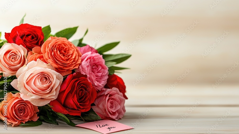 Romantic flower bouquet with note indoor setting floral photography soft lighting love concept Romantic flower bouquet with note indoor setting floral photography soft lighting love concept