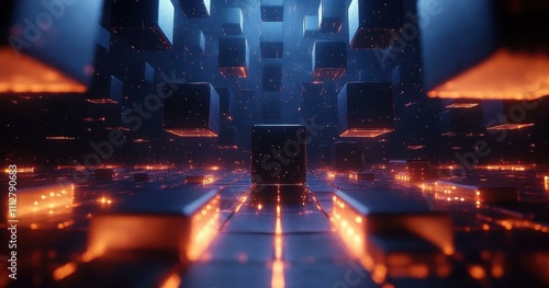 Blue Light Patterns. Hosting core GitOps Post Quantum Cryptography Ai singularity Kubernetes backup Latent space Motion array Second state Serverless outsystem Futuristic glowing black cubes in digit