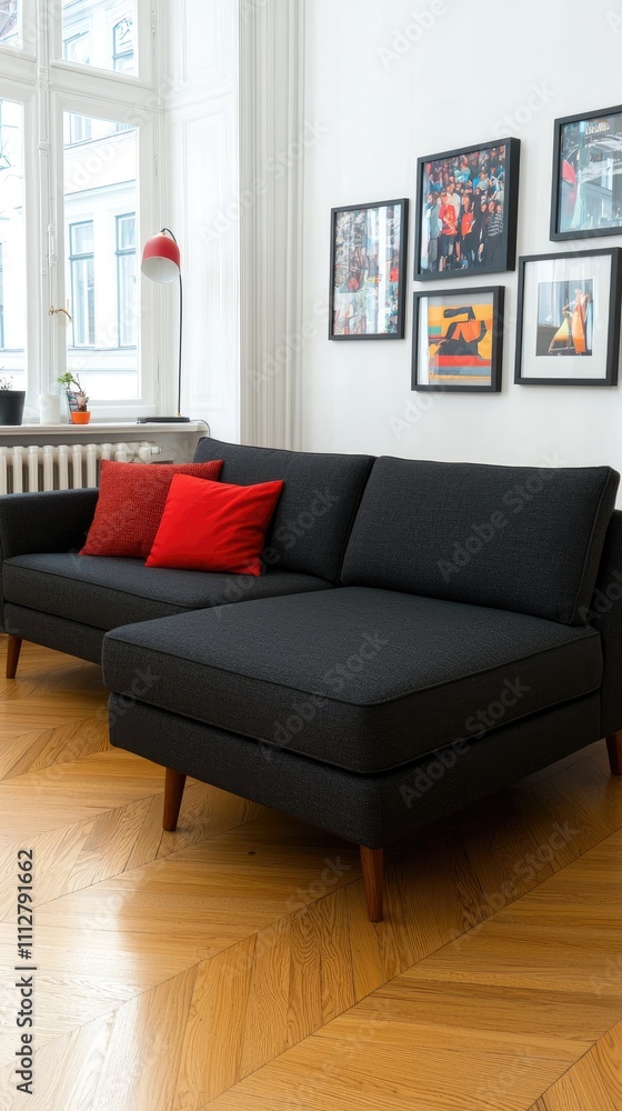 Fototapeta premium Modern living room design urban apartment interior decor cozy environment wide angle view contemporary style for relaxation