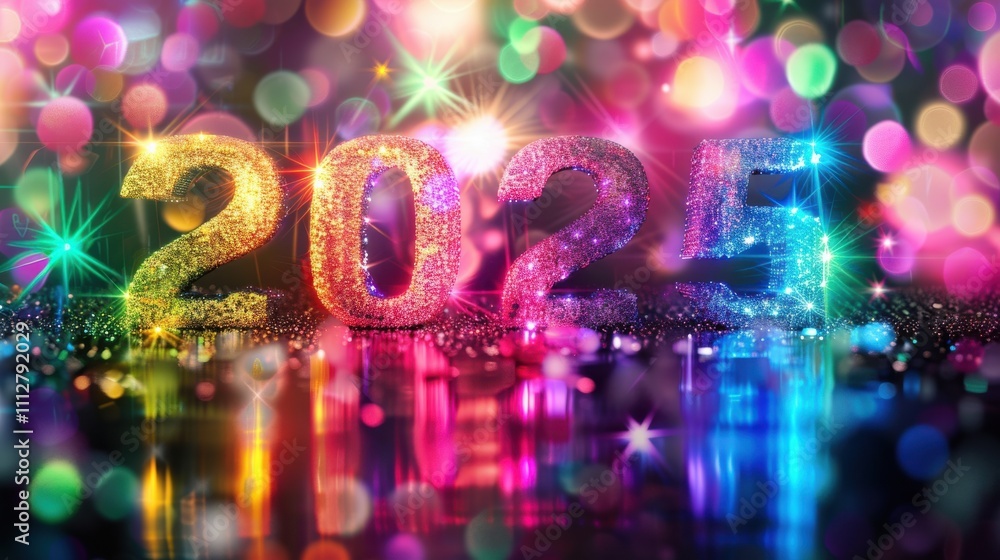 Vibrant and detailed multicolored glowing 2025 numbers on black surface Vibrant and detailed multicolored glowing 2025 numbers on black surface