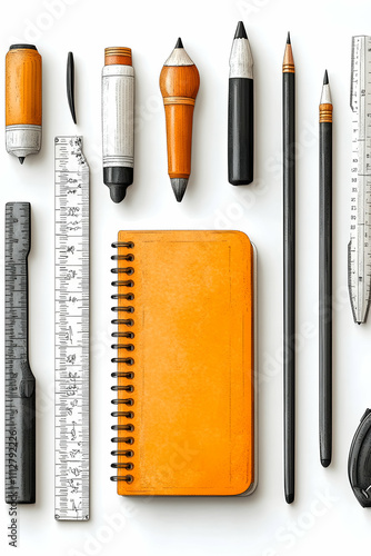 Flatlay of stationery pencils, pens, rulers, sketchbook.