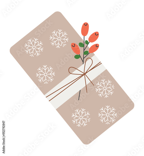 Christmas holiday present in modern eco-friendly packaging. Gift in kraft paper bag with berry branch. DIY tied with bow or rope. Flat vector illustration on white isolated background.