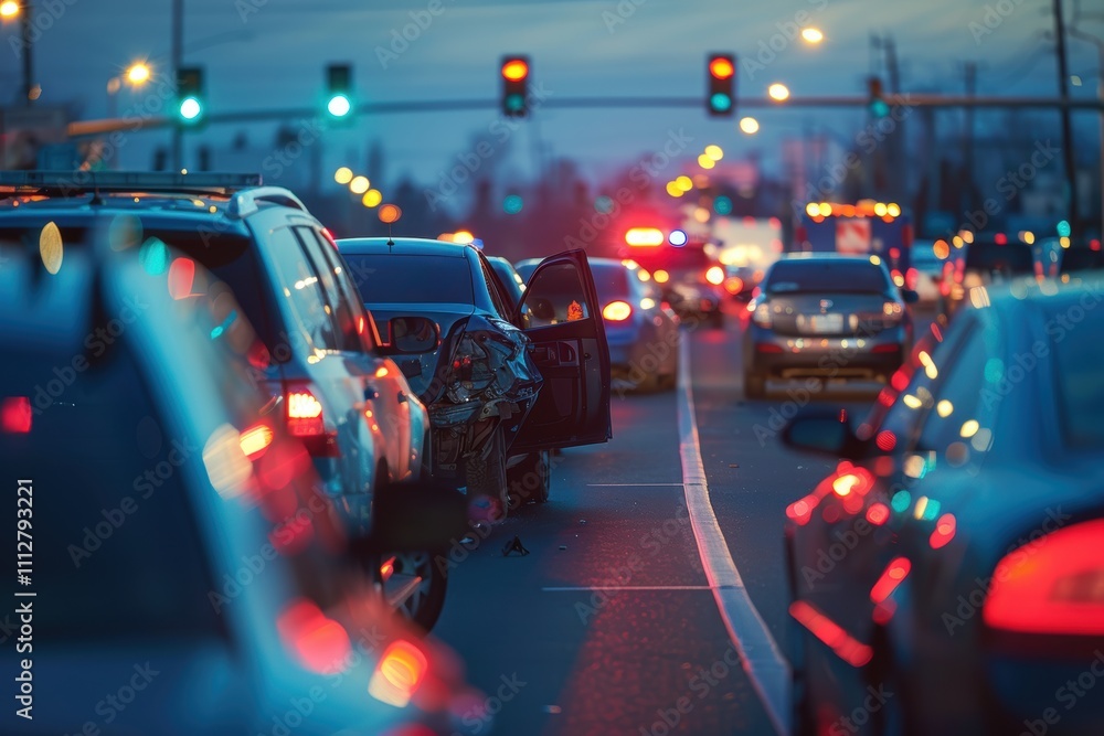 Fototapeta premium Intense Traffic Jam Scene with Emergency Responders Addressing Drunk Driving Accident