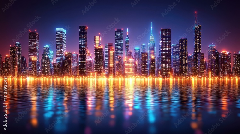 Fototapeta premium City Light Reflections. Modern city skyline at night with illuminated skyscrapers reflecting on water, perfect for business, travel, technology themes, urban lifestyle, futuristic backgrounds, and di