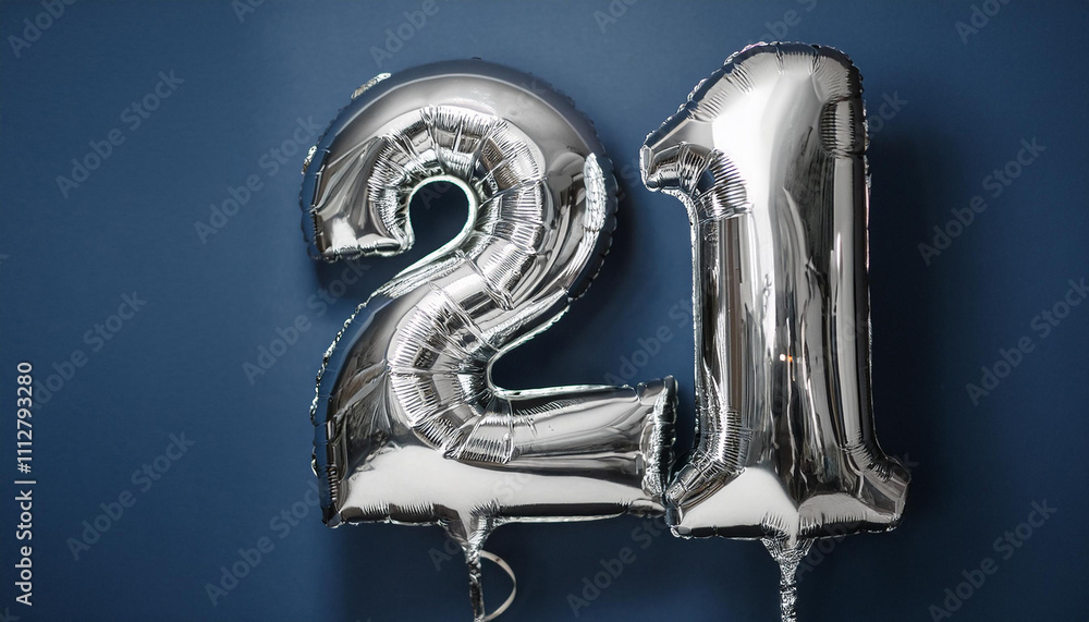 Banner with silver balloon in shape of number 21 against dark blue backdrop. Twenty one years Banner with silver balloon in shape of number 21 against dark blue backdrop. Twenty one years