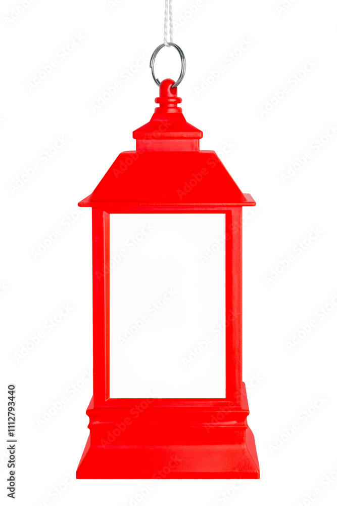 A bright red lantern as a Christmas toy to decorate a festive tree, hanging on string, isolated on a transparent white background. Traditional holiday items, lighting equipment, atmosphere of comfort A bright red lantern as a Christmas toy to decorate a festive tree, hanging on string, isolated on a transparent white background. Traditional holiday items, lighting equipment, atmosphere of comfort