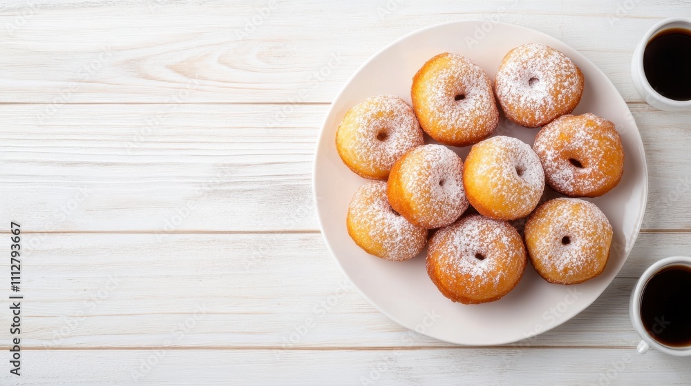 Plate of freshly made donuts with powdered sugar, accompanied by two cups of coffee on a white wooden table Plate of freshly made donuts with powdered sugar, accompanied by two cups of coffee on a white wooden table