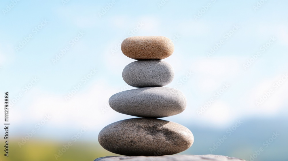 Stack of four stones balanced on top of each other against a blue sky, with a green field blurred in the background Stack of four stones balanced on top of each other against a blue sky, with a green field blurred in the background